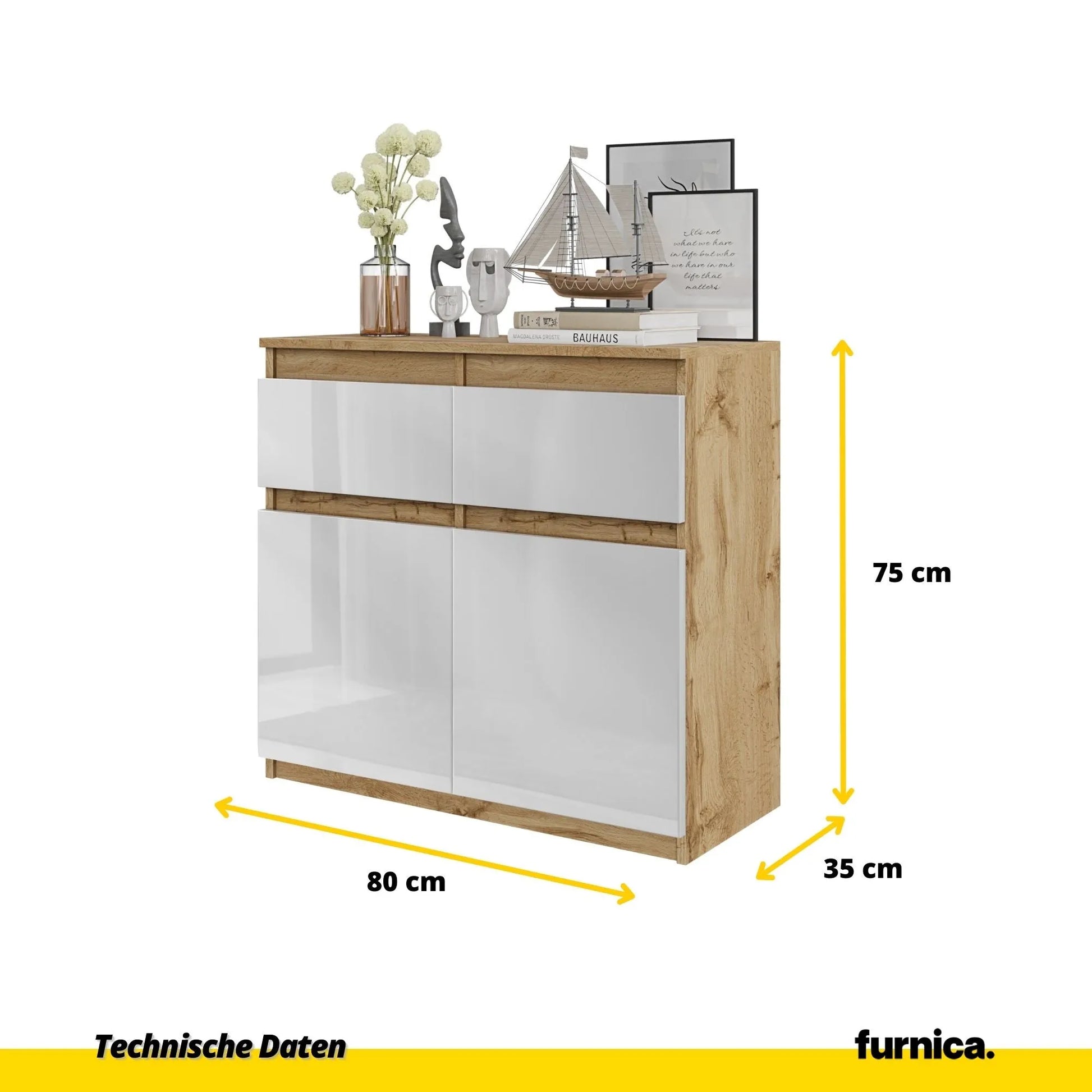 NOAH - Kommode / Sideboard mit 2 Schubladen und 2 Türen - Wotan Eiche / Weiß Gloss H75cm B80cm T35cm – Furnica