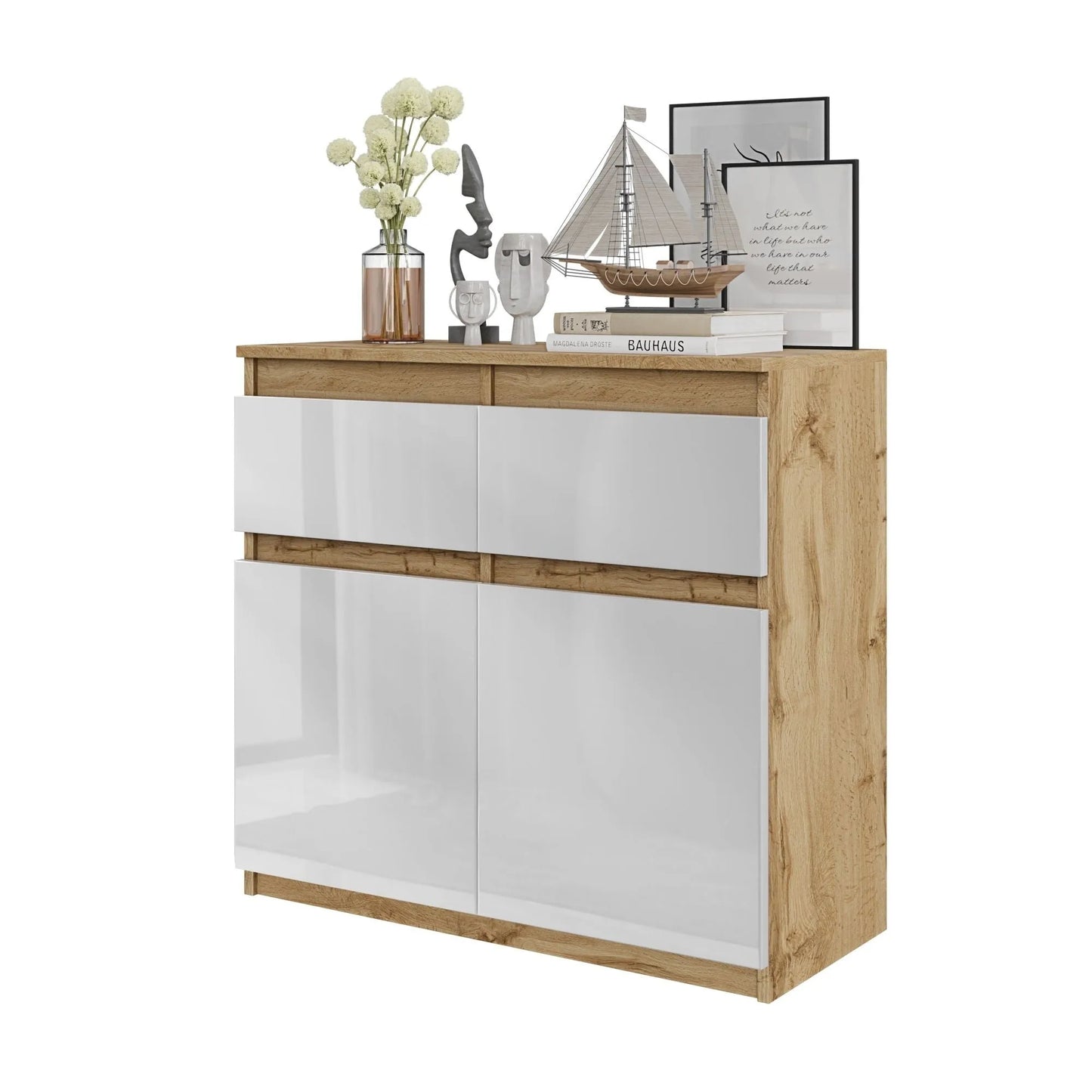 NOAH - Kommode / Sideboard mit 2 Schubladen und 2 Türen - Wotan Eiche / Weiß Gloss H75cm B80cm T35cm – Furnica