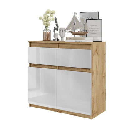 NOAH - Kommode / Sideboard mit 2 Schubladen und 2 Türen - Wotan Eiche / Weiß Gloss H75cm B80cm T35cm – Furnica