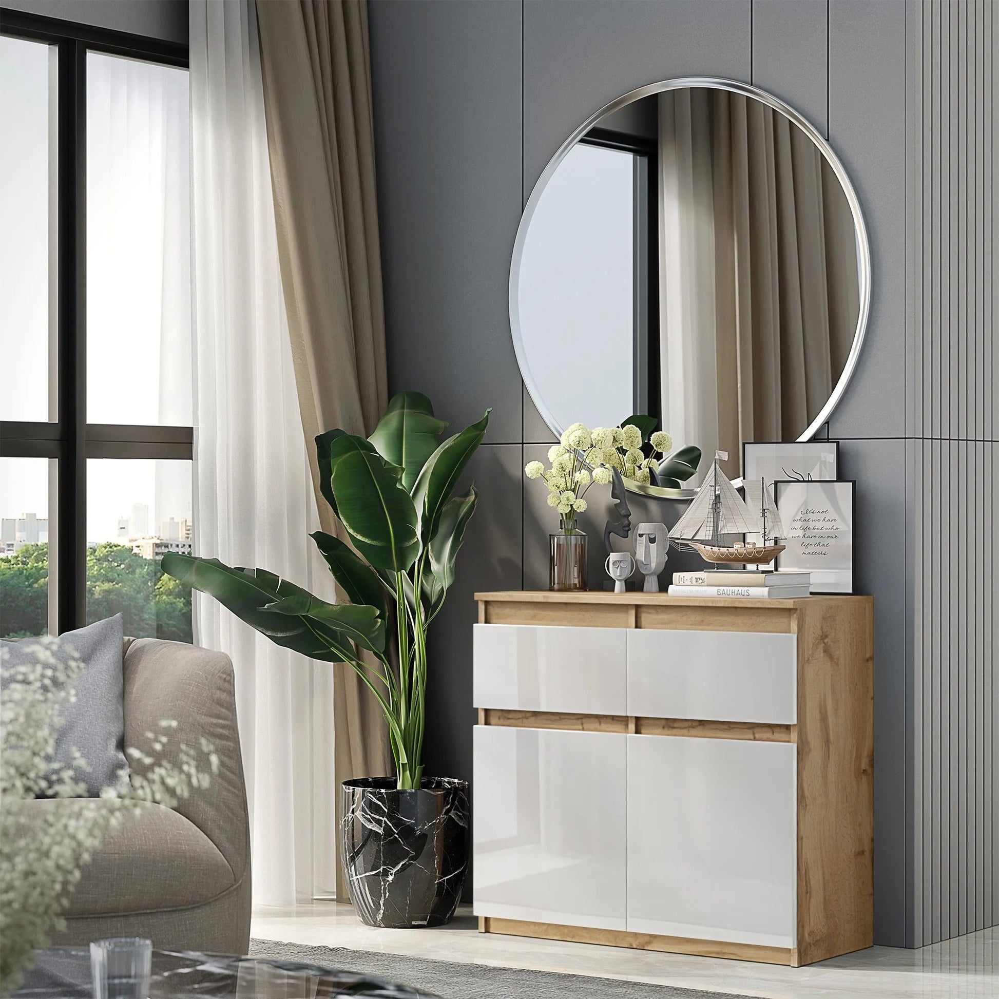 NOAH - Kommode / Sideboard mit 2 Schubladen und 2 Türen - Wotan Eiche / Weiß Gloss H75cm B80cm T35cm – Furnica