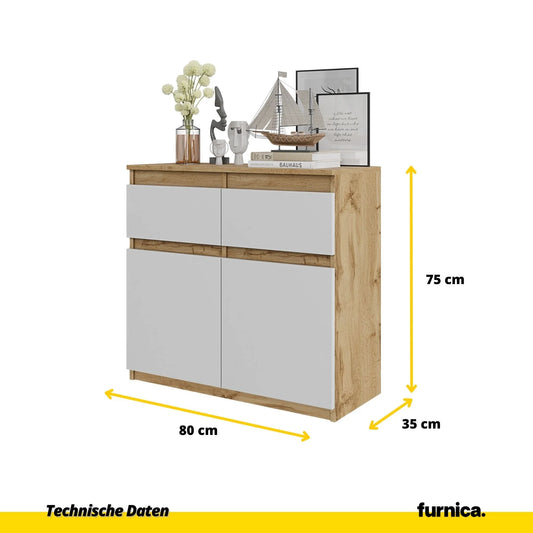 NOAH - Kommode / Sideboard mit 2 Schubladen und 2 Türen - Wotan Eiche / Weiß Matt H75cm B80cm T35cm – Furnica