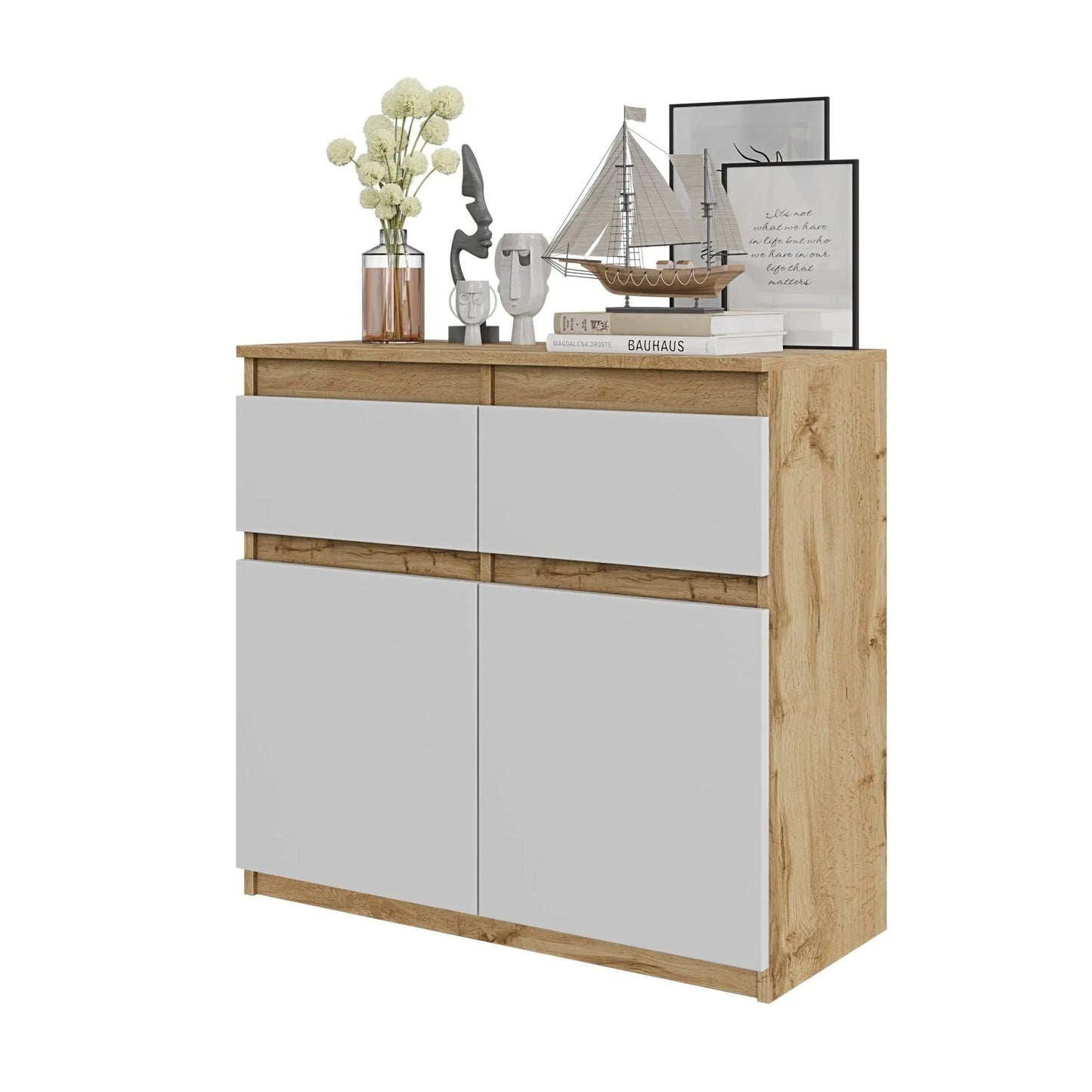 NOAH - Kommode / Sideboard mit 2 Schubladen und 2 Türen - Wotan Eiche / Weiß Matt H75cm B80cm T35cm – Furnica