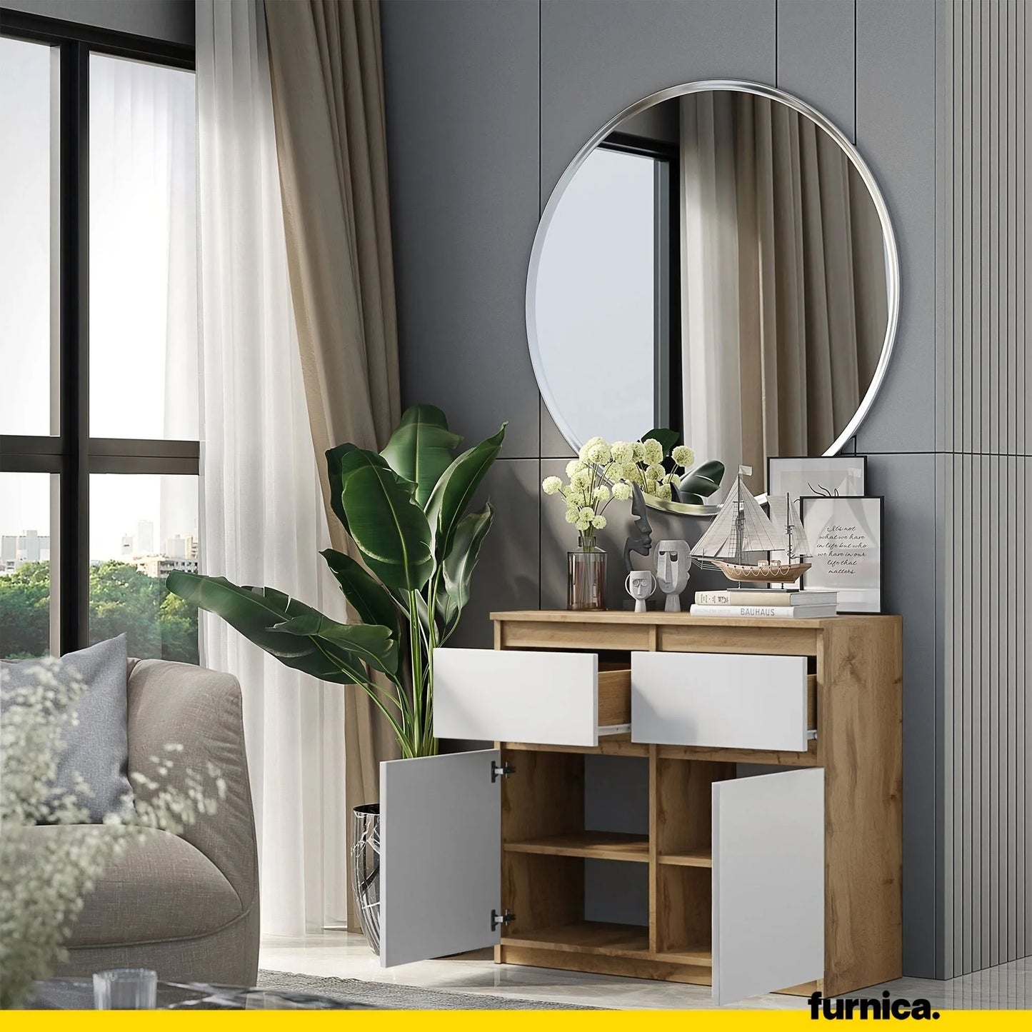 NOAH - Kommode / Sideboard mit 2 Schubladen und 2 Türen - Wotan Eiche / Weiß Matt H75cm B80cm T35cm – Furnica