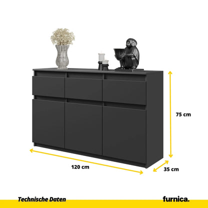 NOAH - Kommode / Sideboard mit 3 Schubladen und 3 Türen - Anthrazit Grau H75cm B120cm T35cm – Furnica