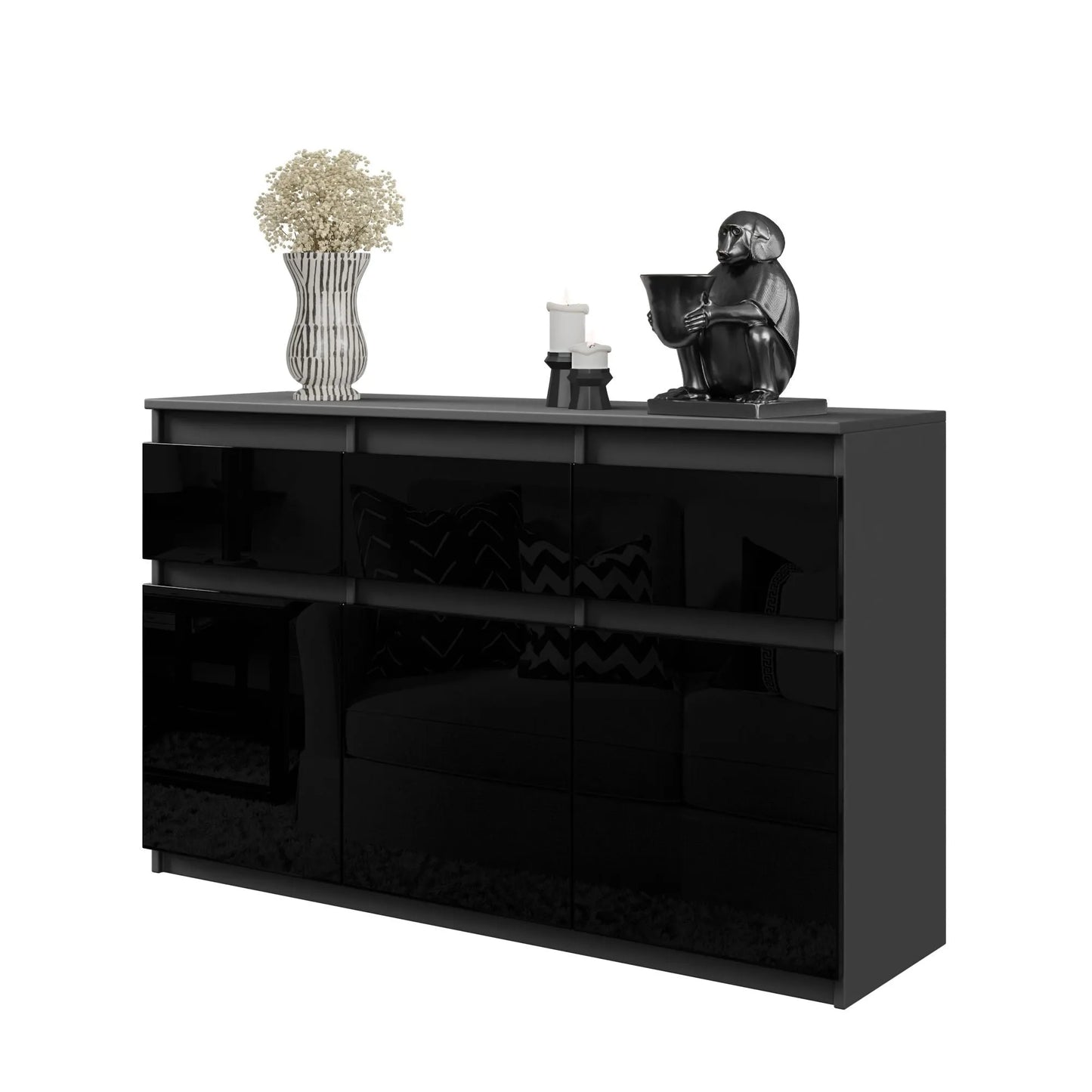 NOAH - Kommode / Sideboard mit 3 Schubladen und 3 Türen - Anthrazit Grau / Schwarz Gloss H75cm B120cm T35cm – Furnica