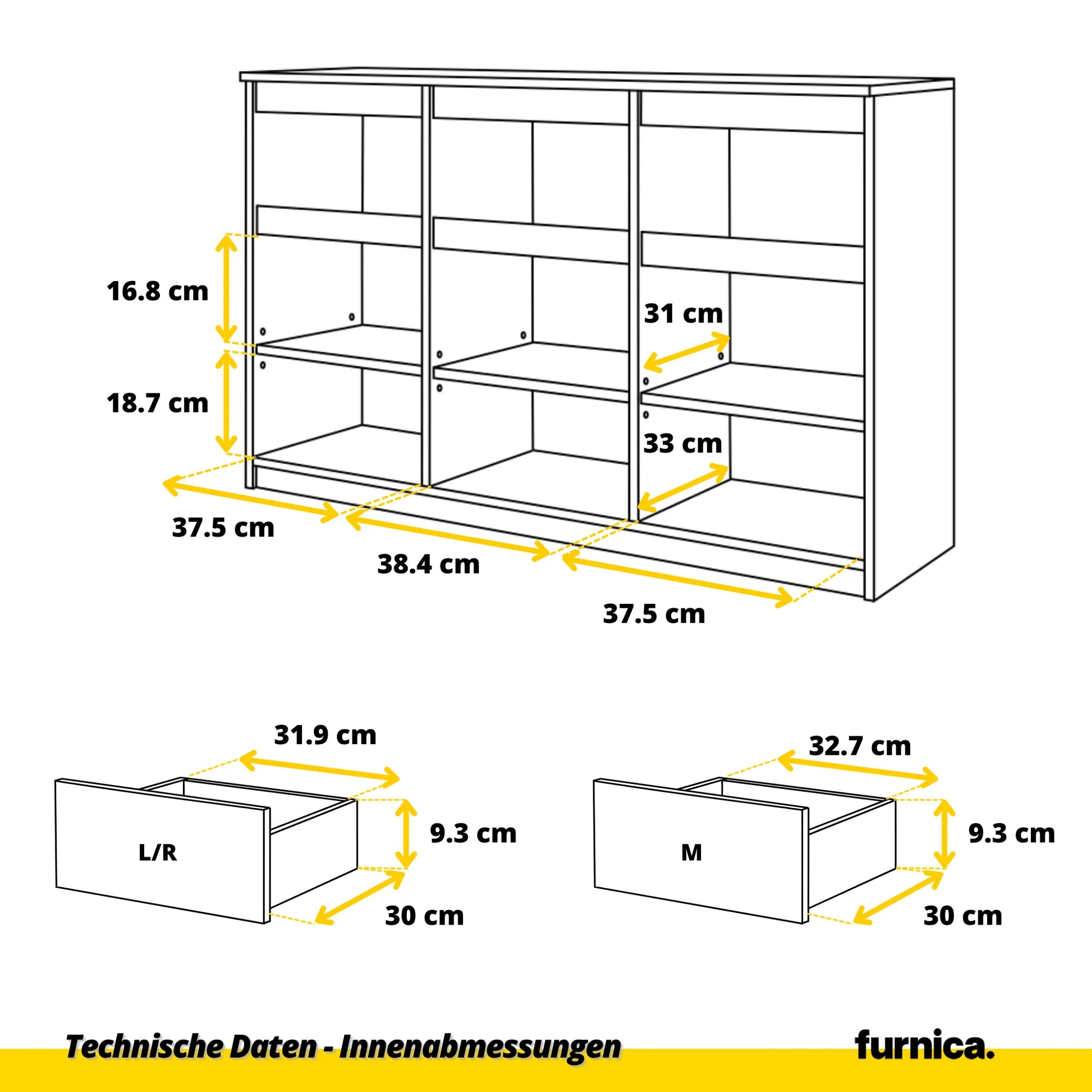 NOAH - Kommode / Sideboard mit 3 Schubladen und 3 Türen - Anthrazit Grau / Schwarz Gloss H75cm B120cm T35cm – Furnica