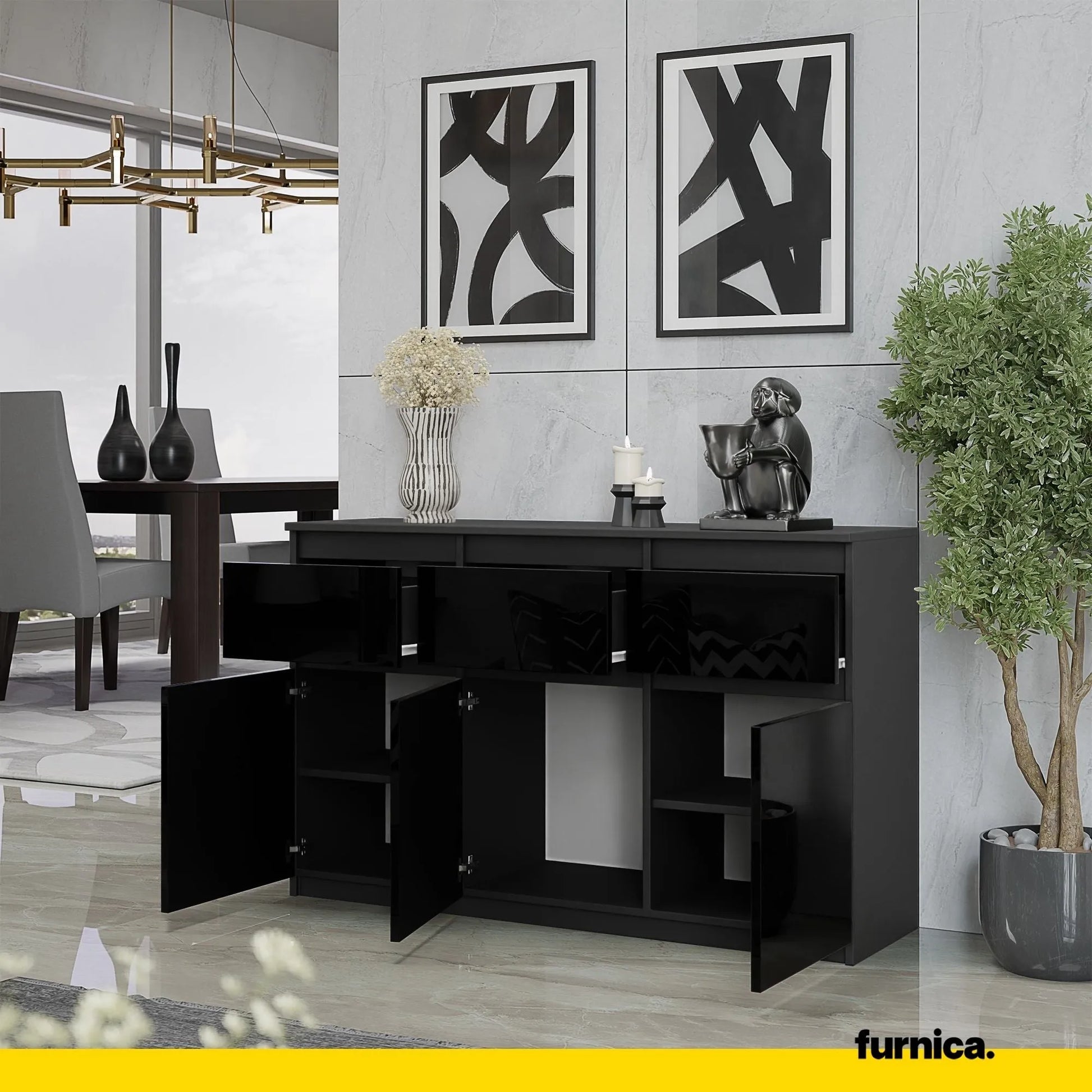 NOAH - Kommode / Sideboard mit 3 Schubladen und 3 Türen - Anthrazit Grau / Schwarz Gloss H75cm B120cm T35cm – Furnica