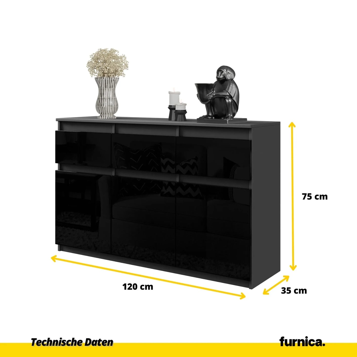 NOAH - Kommode / Sideboard mit 3 Schubladen und 3 Türen - Anthrazit Grau / Schwarz Gloss H75cm B120cm T35cm – Furnica