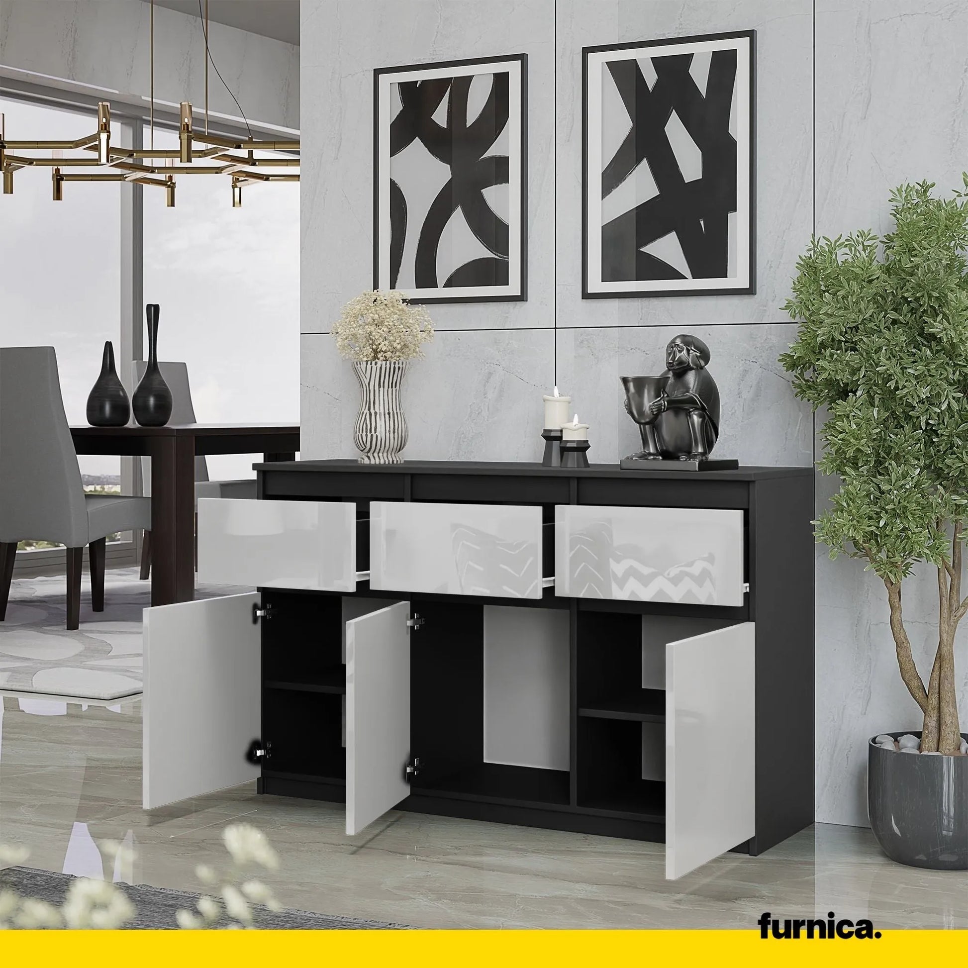 NOAH - Kommode / Sideboard mit 3 Schubladen und 3 Türen - Anthrazit Grau / Weiß Gloss H75cm B120cm T35cm – Furnica