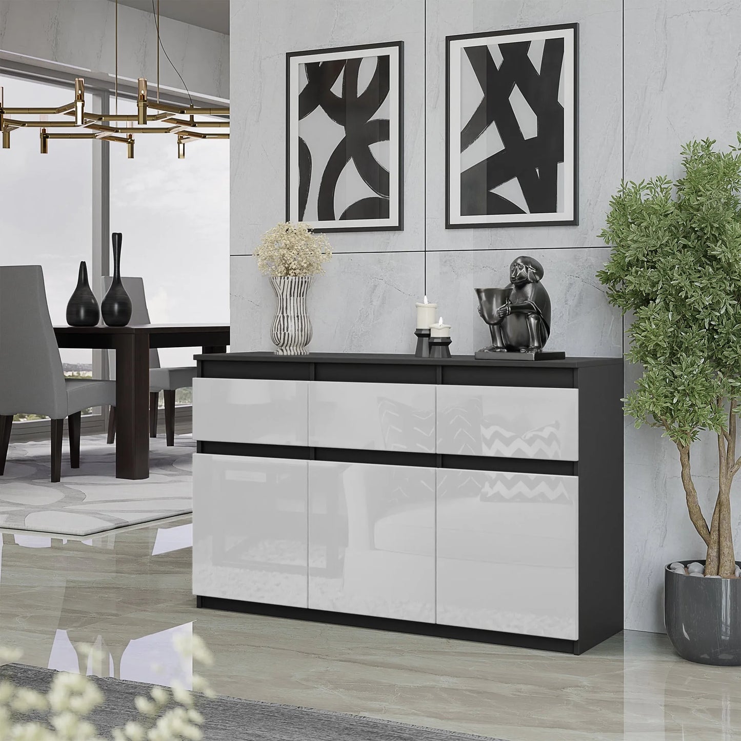 NOAH - Kommode / Sideboard mit 3 Schubladen und 3 Türen - Anthrazit Grau / Weiß Gloss H75cm B120cm T35cm – Furnica