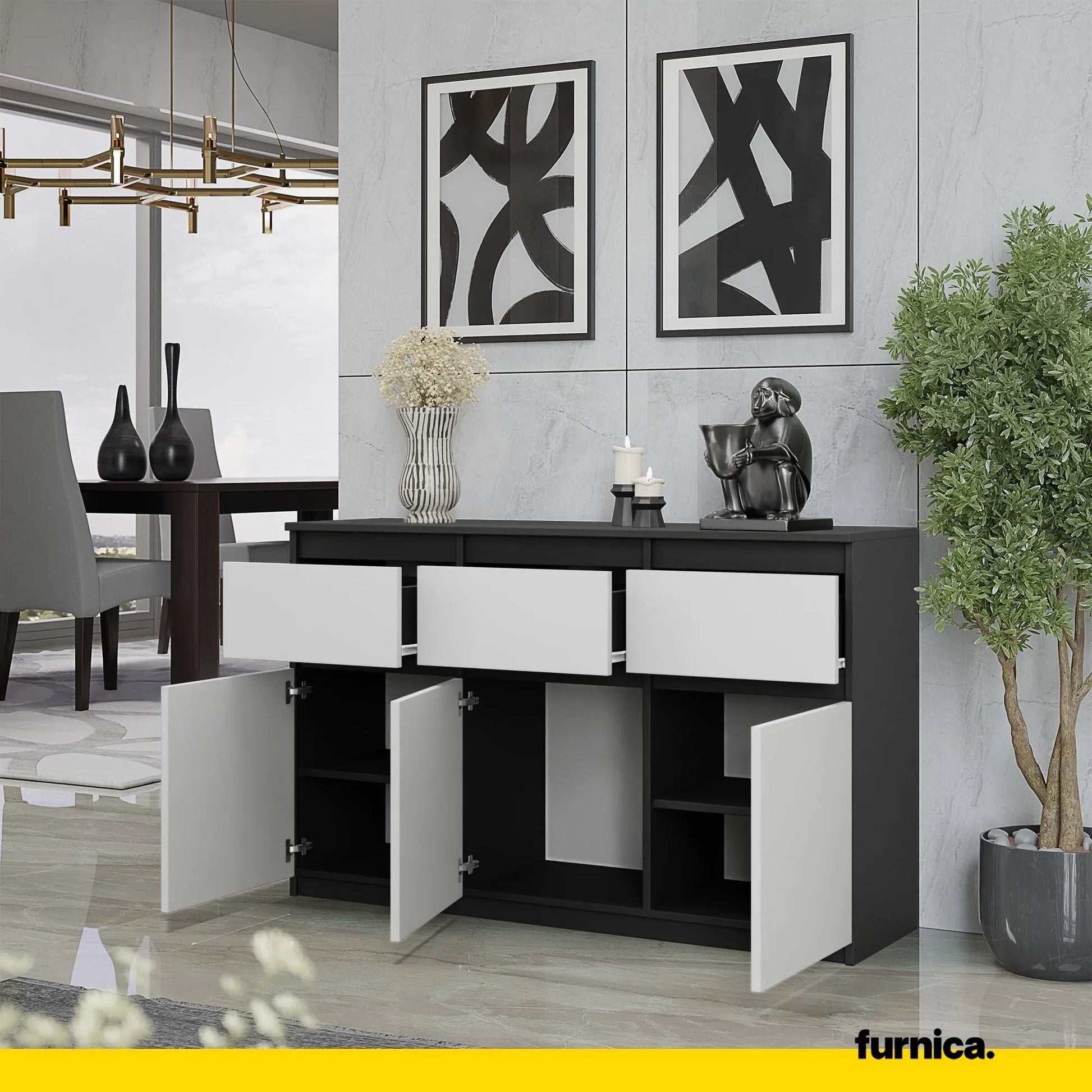 NOAH - Kommode / Sideboard mit 3 Schubladen und 3 Türen - Anthrazit Grau / Weiß Matt H75cm B120cm T35cm – Furnica