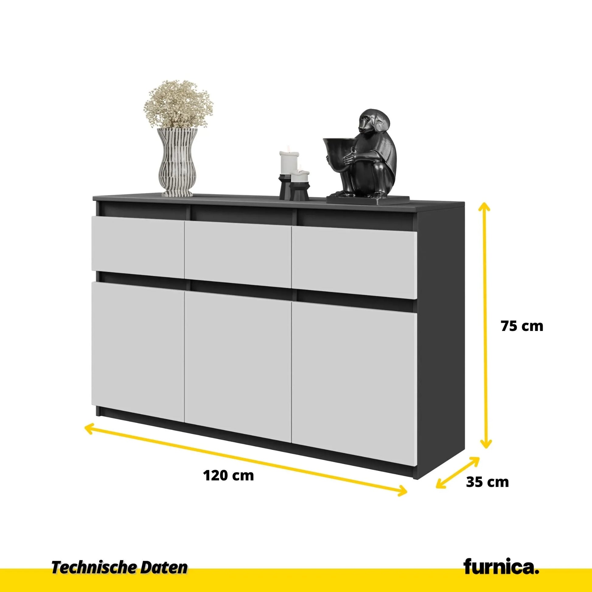 NOAH - Kommode / Sideboard mit 3 Schubladen und 3 Türen - Anthrazit Grau / Weiß Matt H75cm B120cm T35cm – Furnica