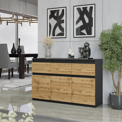 NOAH - Kommode / Sideboard mit 3 Schubladen und 3 Türen - Anthrazit Grau / Wotan Eiche H75cm B120cm T35cm – Furnica