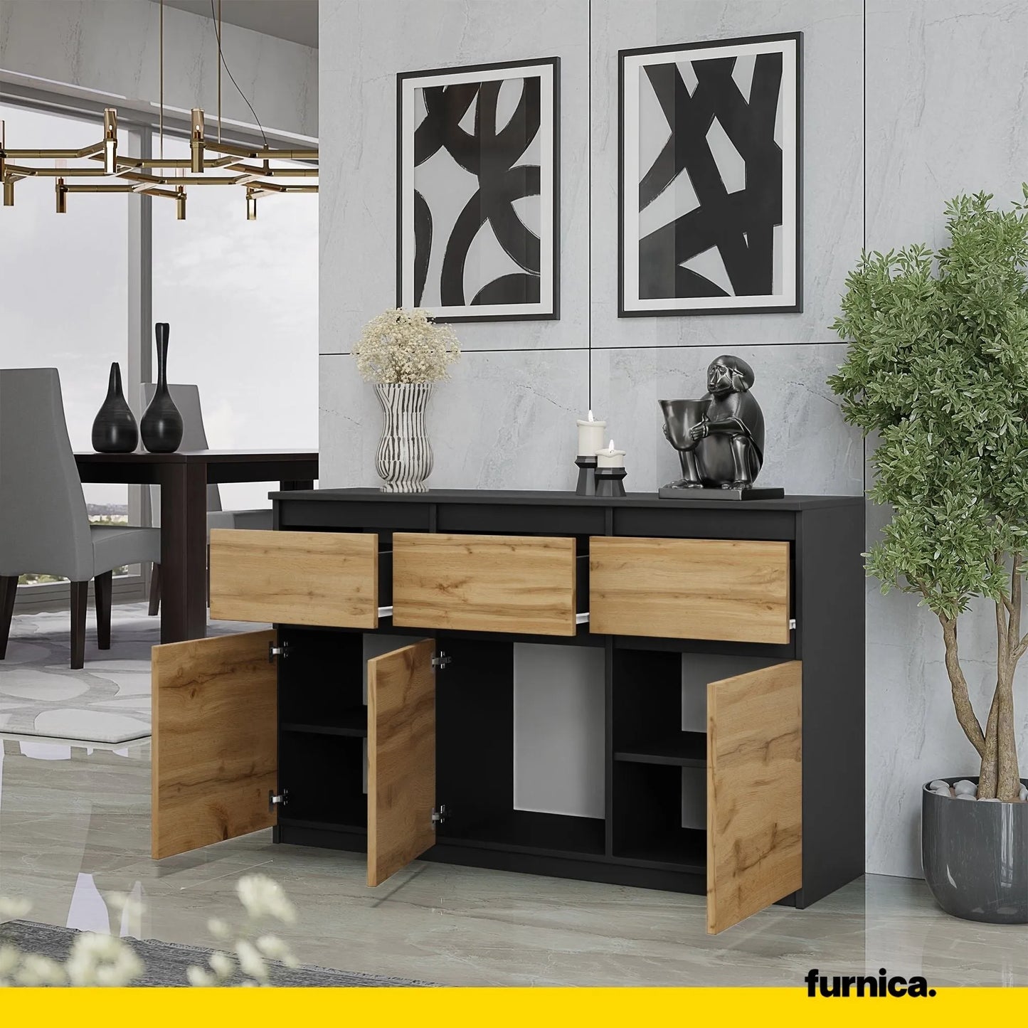 NOAH - Kommode / Sideboard mit 3 Schubladen und 3 Türen - Anthrazit Grau / Wotan Eiche H75cm B120cm T35cm – Furnica