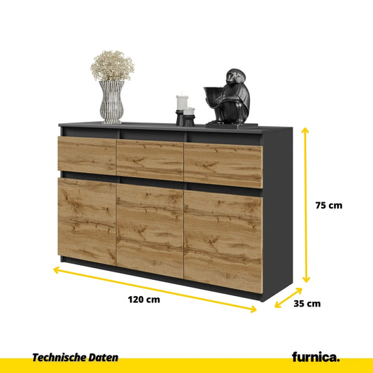 NOAH - Kommode / Sideboard mit 3 Schubladen und 3 Türen - Anthrazit Grau / Wotan Eiche H75cm B120cm T35cm – Furnica