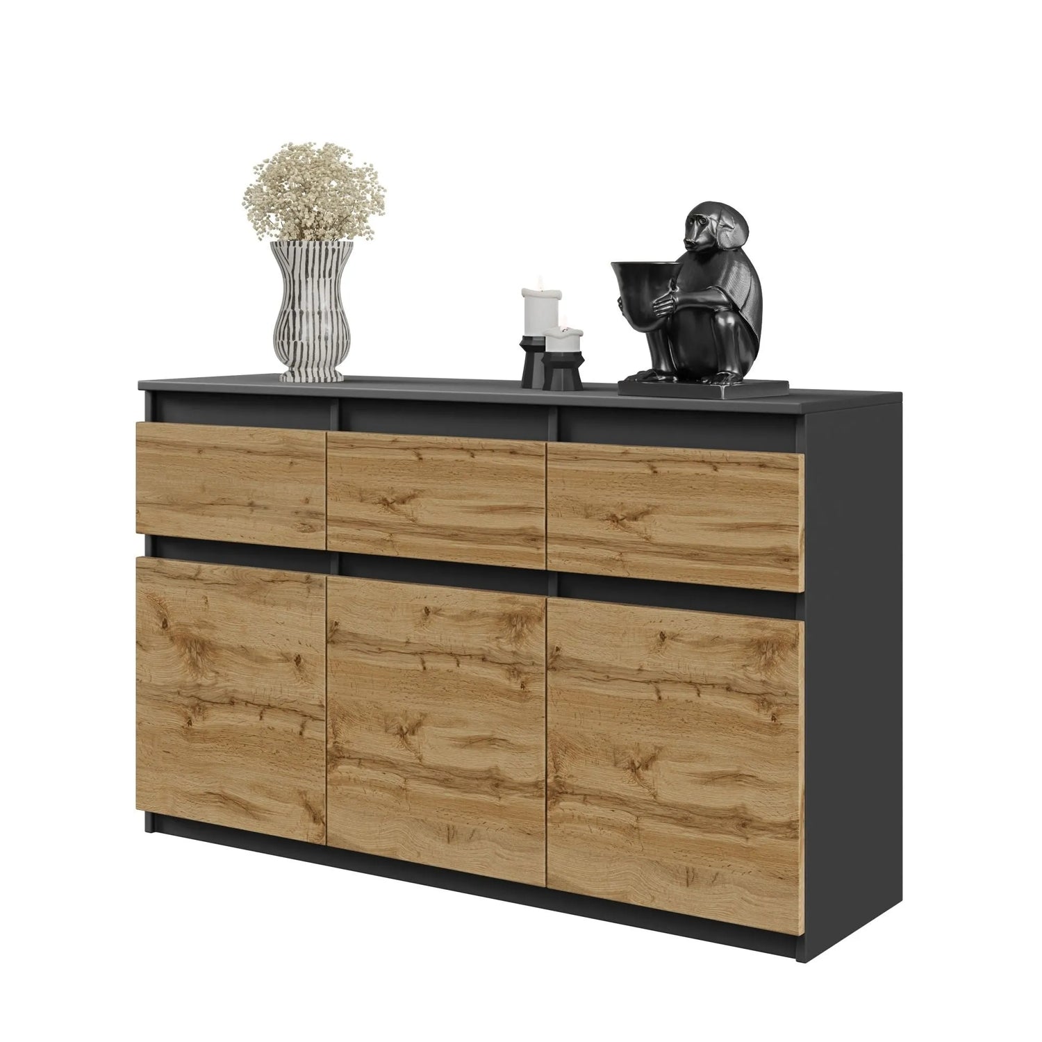 NOAH - Kommode / Sideboard mit 3 Schubladen und 3 Türen - Anthrazit Grau / Wotan Eiche H75cm B120cm T35cm – Furnica