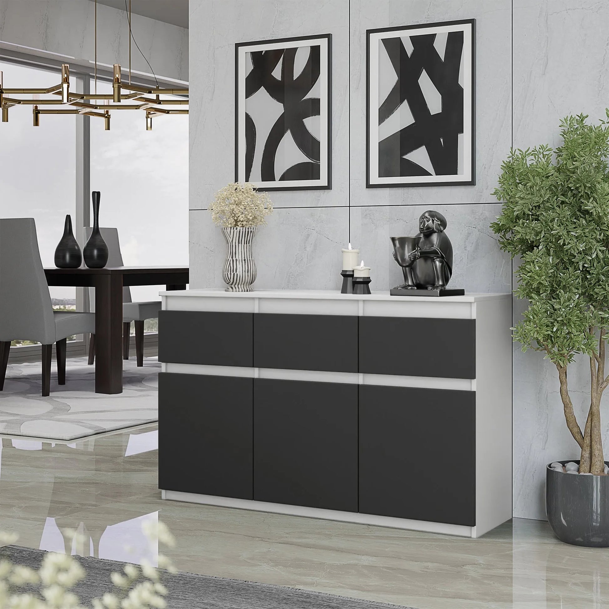 NOAH - Kommode / Sideboard mit 3 Schubladen und 3 Türen - Weiß Matt / Anthrazit Grau H75cm B120cm T35cm – Furnica