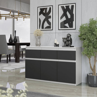 NOAH - Kommode / Sideboard mit 3 Schubladen und 3 Türen - Weiß Matt / Anthrazit Grau H75cm B120cm T35cm – Furnica