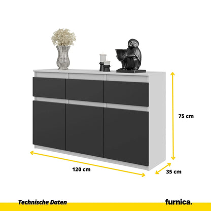 NOAH - Kommode / Sideboard mit 3 Schubladen und 3 Türen - Weiß Matt / Anthrazit Grau H75cm B120cm T35cm – Furnica
