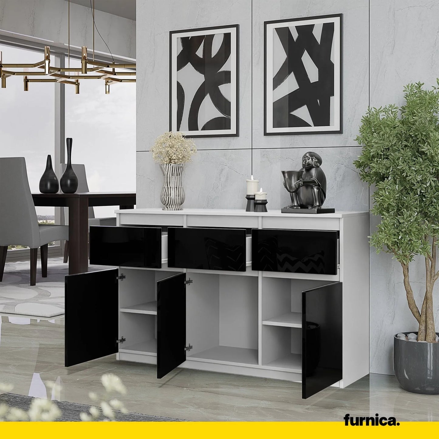 NOAH - Kommode / Sideboard mit 3 Schubladen und 3 Türen - Weiß Matt / Schwarz Gloss H75cm B120cm T35cm – Furnica