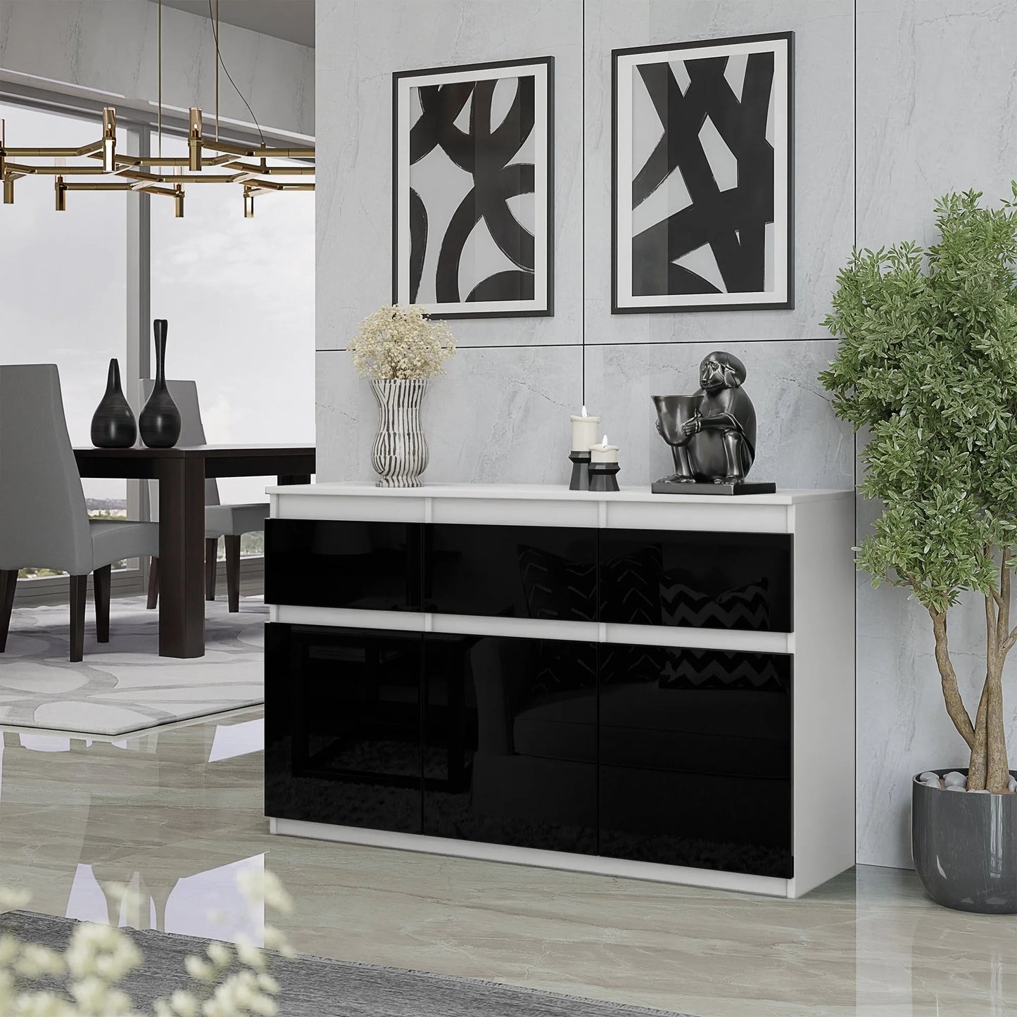 NOAH - Kommode / Sideboard mit 3 Schubladen und 3 Türen - Weiß Matt / Schwarz Gloss H75cm B120cm T35cm – Furnica