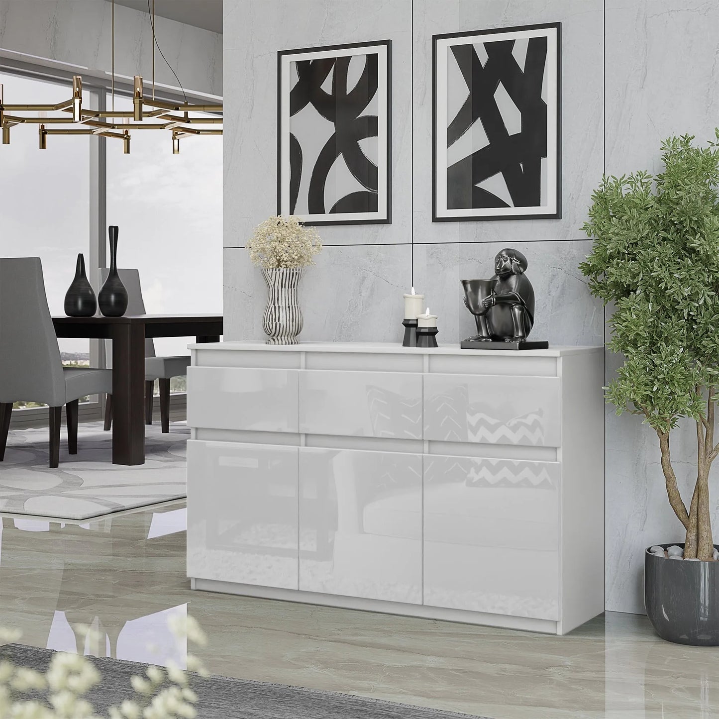 NOAH - Kommode / Sideboard mit 3 Schubladen und 3 Türen - Weiß Matt / Weiß Gloss H75cm B120cm T35cm – Furnica