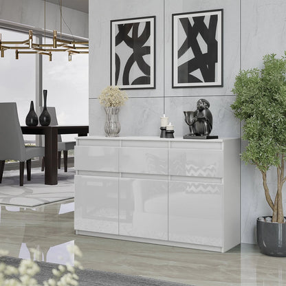 NOAH - Kommode / Sideboard mit 3 Schubladen und 3 Türen - Weiß Matt / Weiß Gloss H75cm B120cm T35cm – Furnica