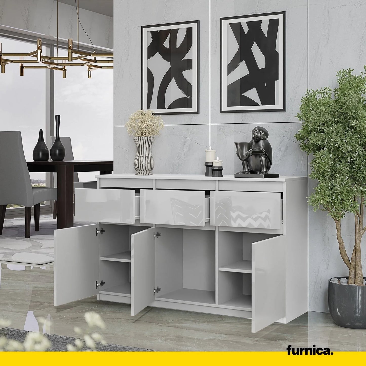 NOAH - Kommode / Sideboard mit 3 Schubladen und 3 Türen - Weiß Matt / Weiß Gloss H75cm B120cm T35cm – Furnica