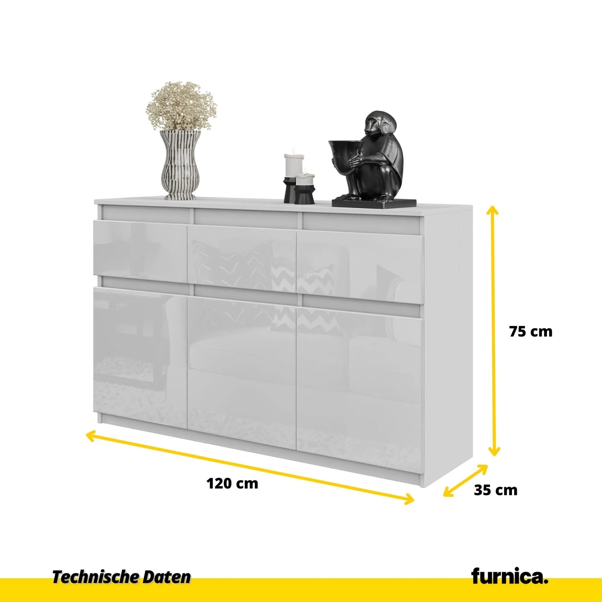 NOAH - Kommode / Sideboard mit 3 Schubladen und 3 Türen - Weiß Matt / Weiß Gloss H75cm B120cm T35cm – Furnica