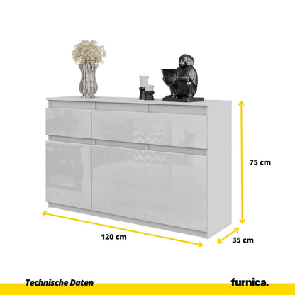 NOAH - Kommode / Sideboard mit 3 Schubladen und 3 Türen - Weiß Matt / Weiß Gloss H75cm B120cm T35cm – Furnica