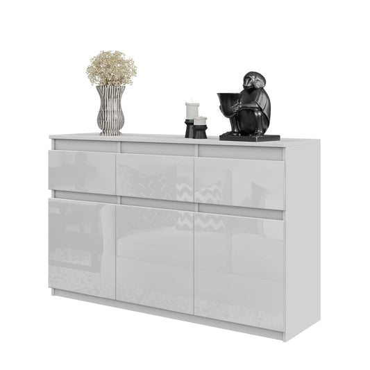 NOAH - Kommode / Sideboard mit 3 Schubladen und 3 Türen - Weiß Matt / Weiß Gloss H75cm B120cm T35cm – Furnica