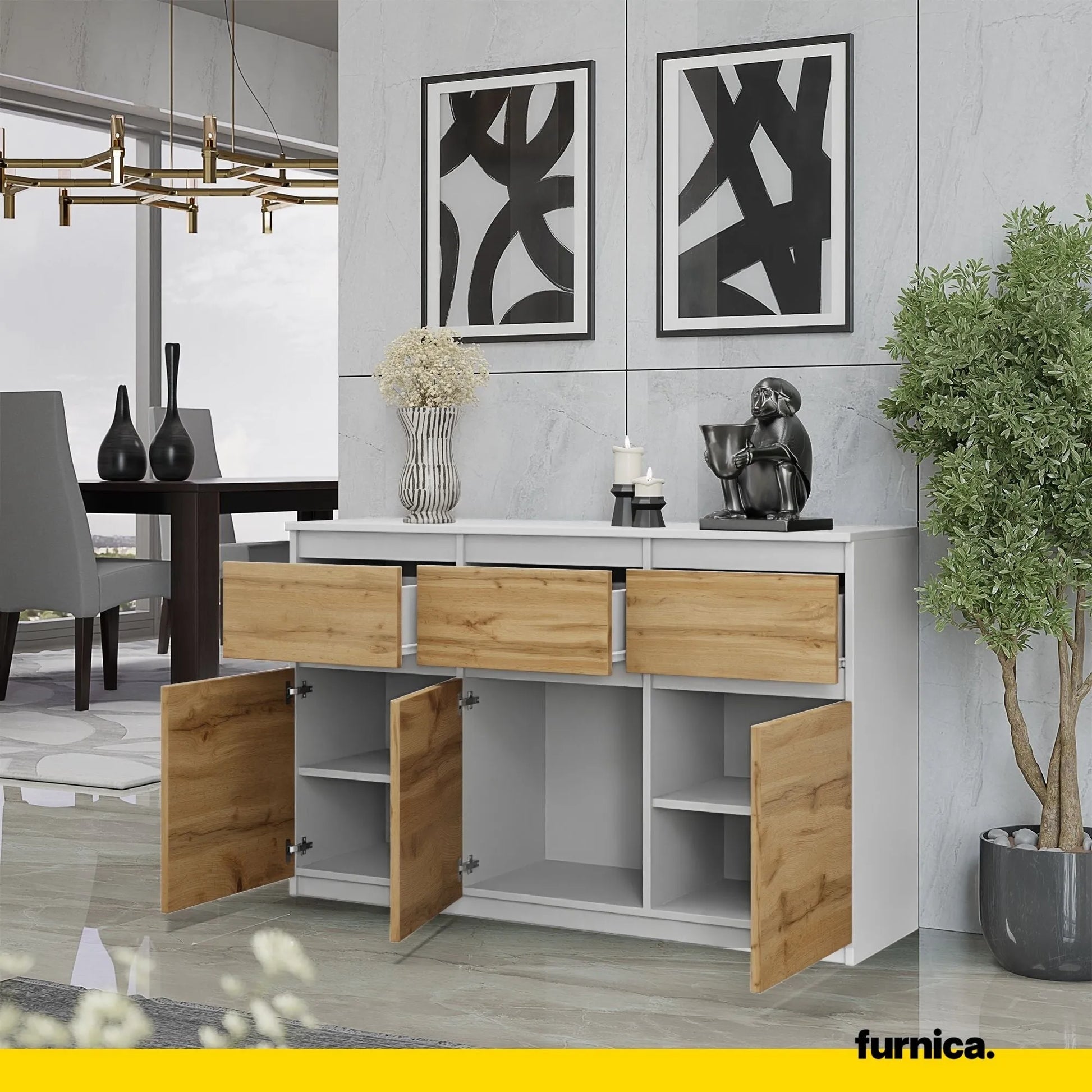 NOAH - Kommode / Sideboard mit 3 Schubladen und 3 Türen - Weiß Matt / Wotan Eiche H75cm B120cm T35cm – Furnica