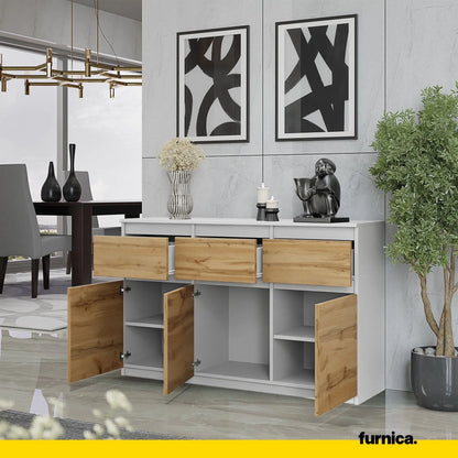 NOAH - Kommode / Sideboard mit 3 Schubladen und 3 Türen - Weiß Matt / Wotan Eiche H75cm B120cm T35cm – Furnica