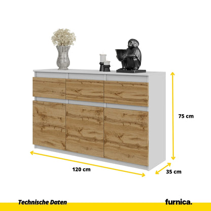 NOAH - Kommode / Sideboard mit 3 Schubladen und 3 Türen - Weiß Matt / Wotan Eiche H75cm B120cm T35cm – Furnica