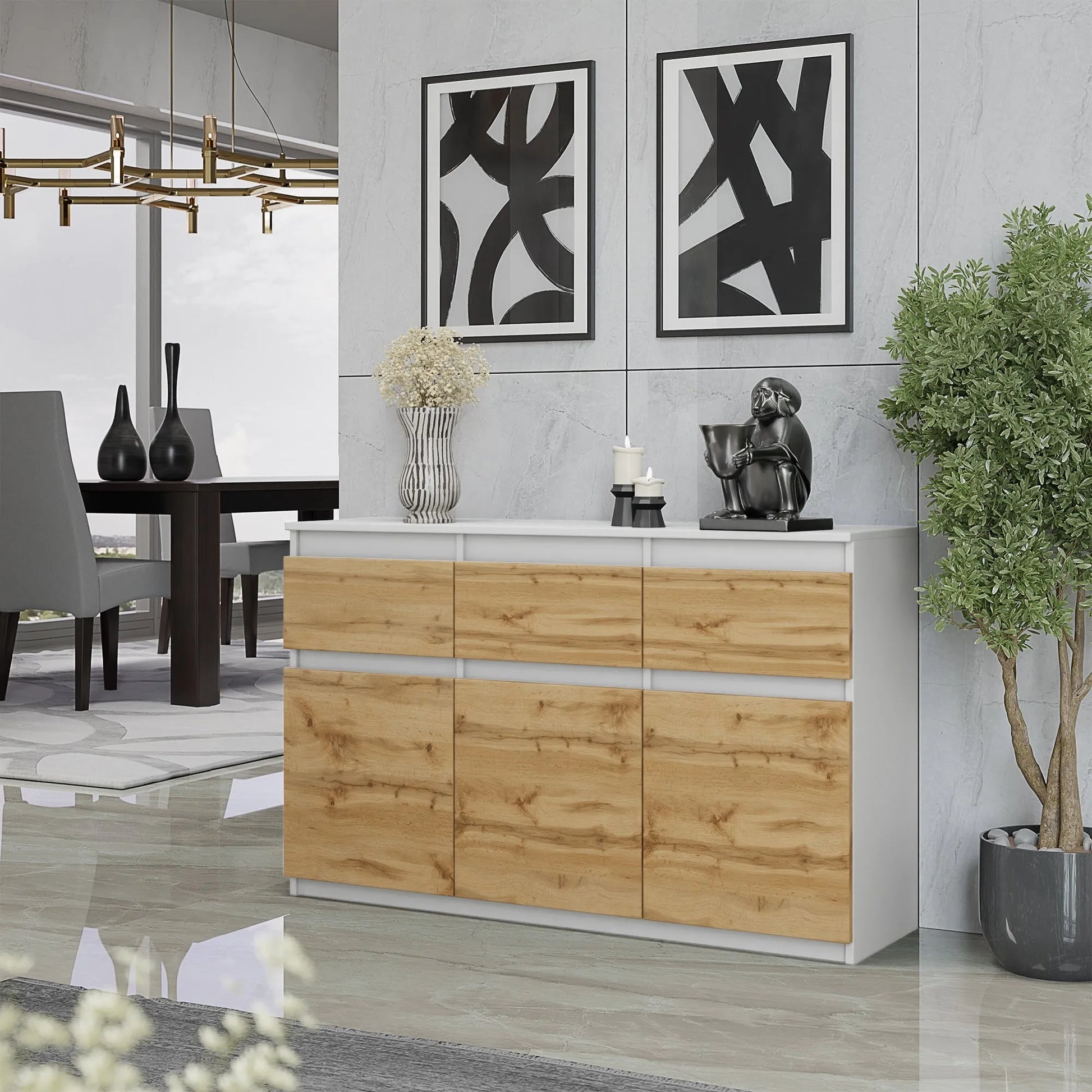 NOAH - Kommode / Sideboard mit 3 Schubladen und 3 Türen - Weiß Matt / Wotan Eiche H75cm B120cm T35cm – Furnica
