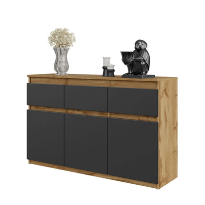 NOAH - Kommode / Sideboard mit 3 Schubladen und 3 Türen - Wotan Eiche / Anthrazit Grau H75cm B120cm T35cm – Furnica