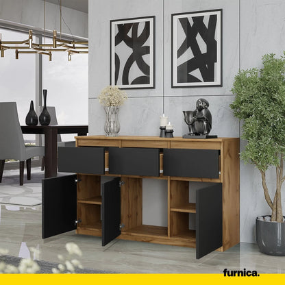 NOAH - Kommode / Sideboard mit 3 Schubladen und 3 Türen - Wotan Eiche / Anthrazit Grau H75cm B120cm T35cm – Furnica