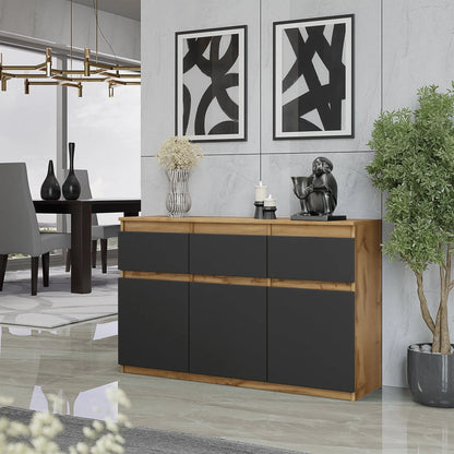 NOAH - Kommode / Sideboard mit 3 Schubladen und 3 Türen - Wotan Eiche / Anthrazit Grau H75cm B120cm T35cm – Furnica