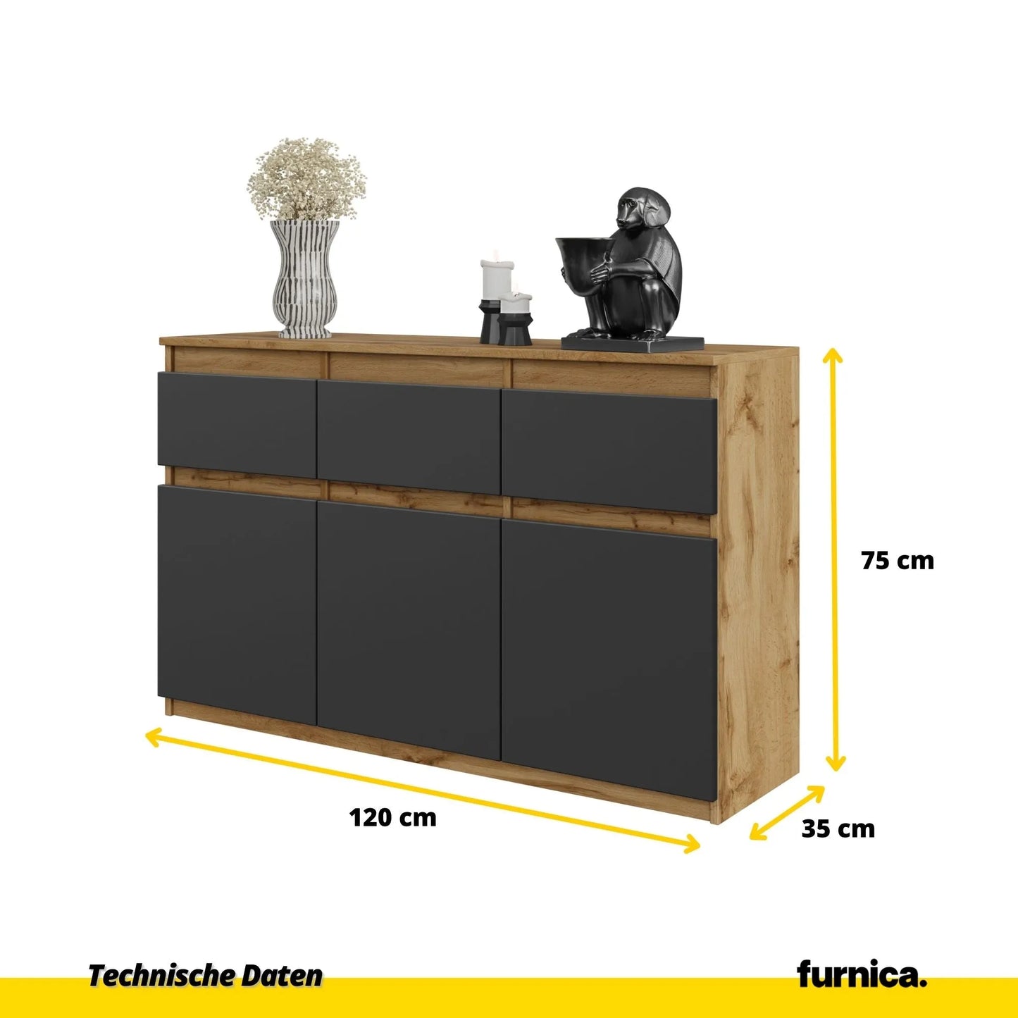 NOAH - Kommode / Sideboard mit 3 Schubladen und 3 Türen - Wotan Eiche / Anthrazit Grau H75cm B120cm T35cm – Furnica