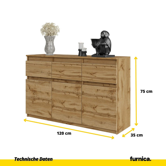 NOAH - Kommode / Sideboard mit 3 Schubladen und 3 Türen - Wotan Eiche H75cm B120cm T35cm – Furnica