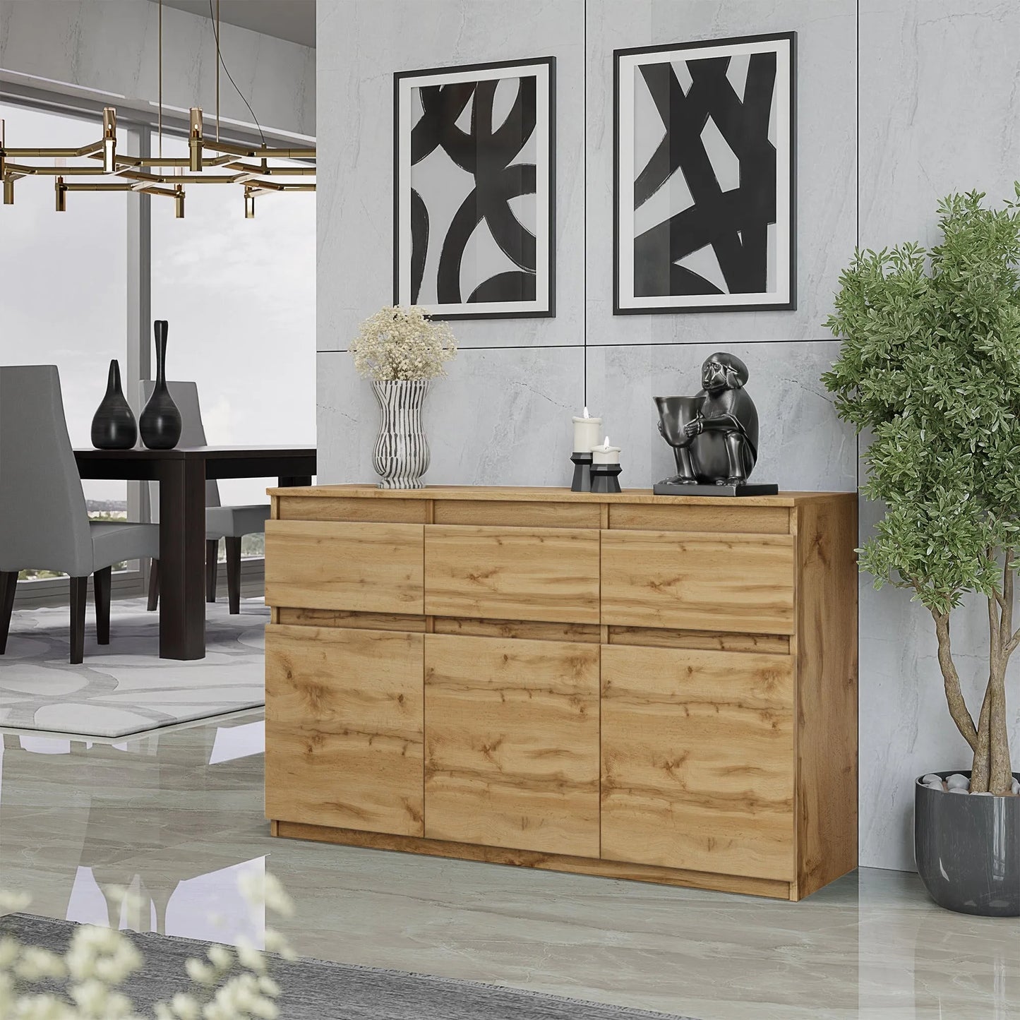 NOAH - Kommode / Sideboard mit 3 Schubladen und 3 Türen - Wotan Eiche H75cm B120cm T35cm – Furnica