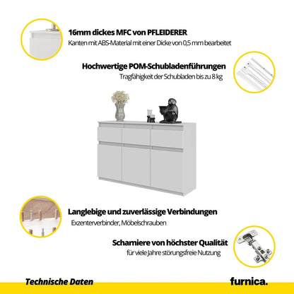 NOAH - Kommode / Sideboard mit 3 Schubladen und 3 Türen - Wotan Eiche / Weiß Gloss H75cm B120cm T35cm – Furnica