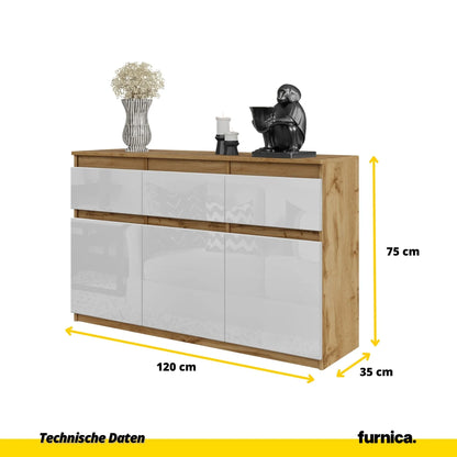 NOAH - Kommode / Sideboard mit 3 Schubladen und 3 Türen - Wotan Eiche / Weiß Gloss H75cm B120cm T35cm – Furnica