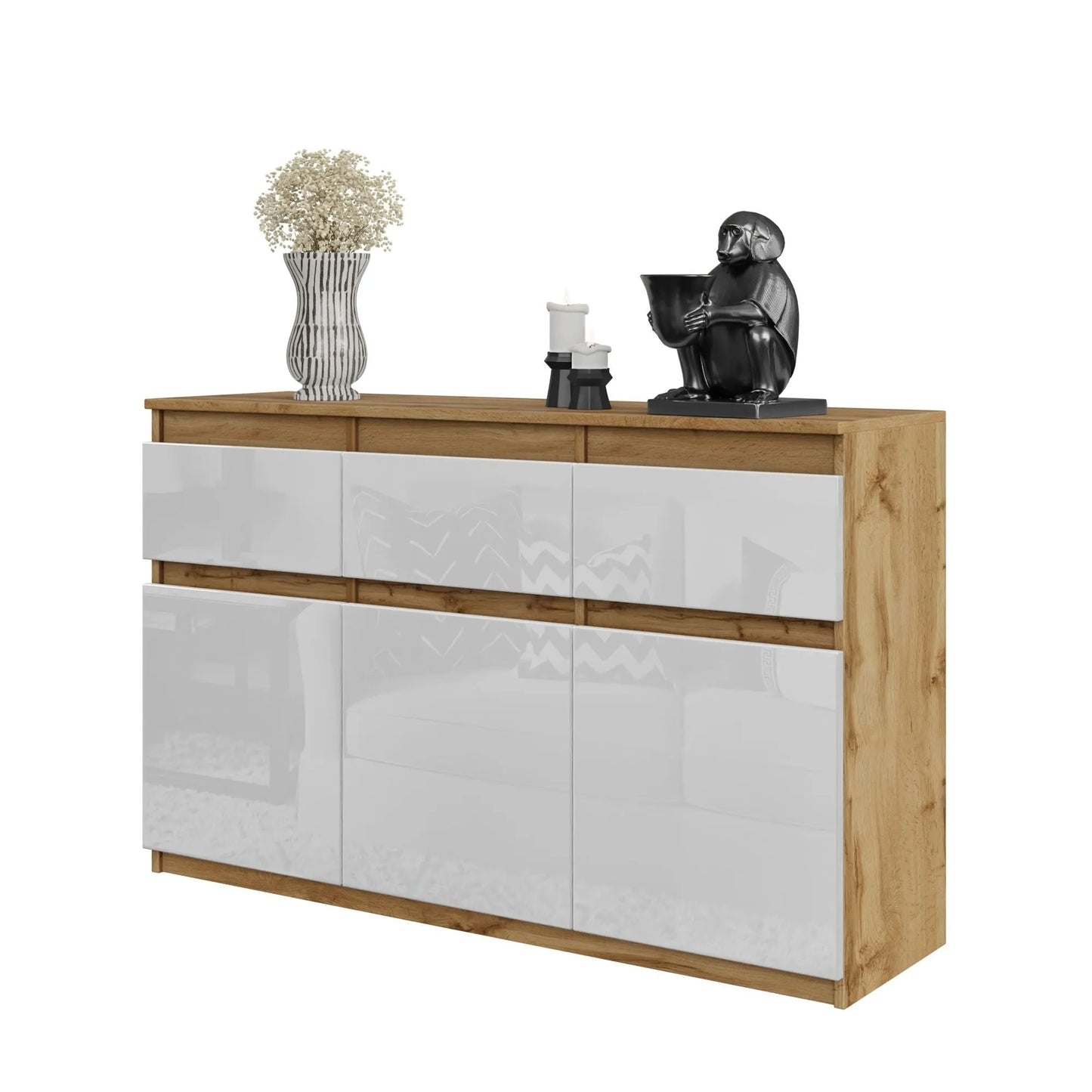 NOAH - Kommode / Sideboard mit 3 Schubladen und 3 Türen - Wotan Eiche / Weiß Gloss H75cm B120cm T35cm – Furnica