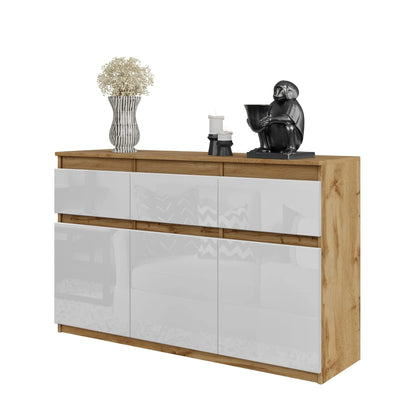 NOAH - Kommode / Sideboard mit 3 Schubladen und 3 Türen - Wotan Eiche / Weiß Gloss H75cm B120cm T35cm – Furnica
