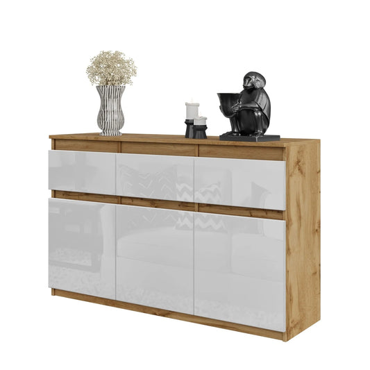 NOAH - Kommode / Sideboard mit 3 Schubladen und 3 Türen - Wotan Eiche / Weiß Gloss H75cm B120cm T35cm – Furnica