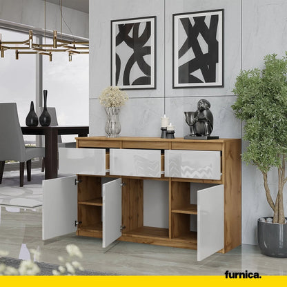 NOAH - Kommode / Sideboard mit 3 Schubladen und 3 Türen - Wotan Eiche / Weiß Gloss H75cm B120cm T35cm – Furnica