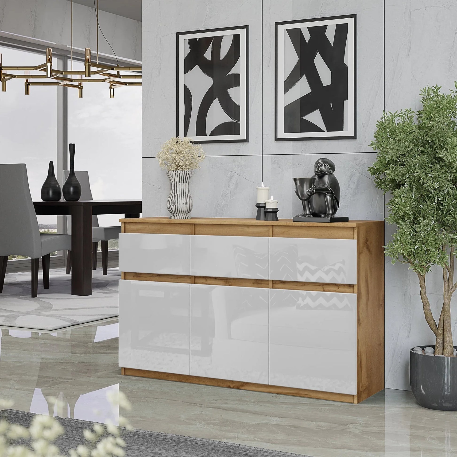 NOAH - Kommode / Sideboard mit 3 Schubladen und 3 Türen - Wotan Eiche / Weiß Gloss H75cm B120cm T35cm – Furnica