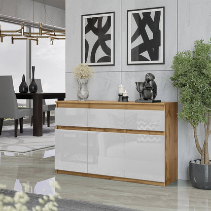 NOAH - Kommode / Sideboard mit 3 Schubladen und 3 Türen - Wotan Eiche / Weiß Gloss H75cm B120cm T35cm – Furnica