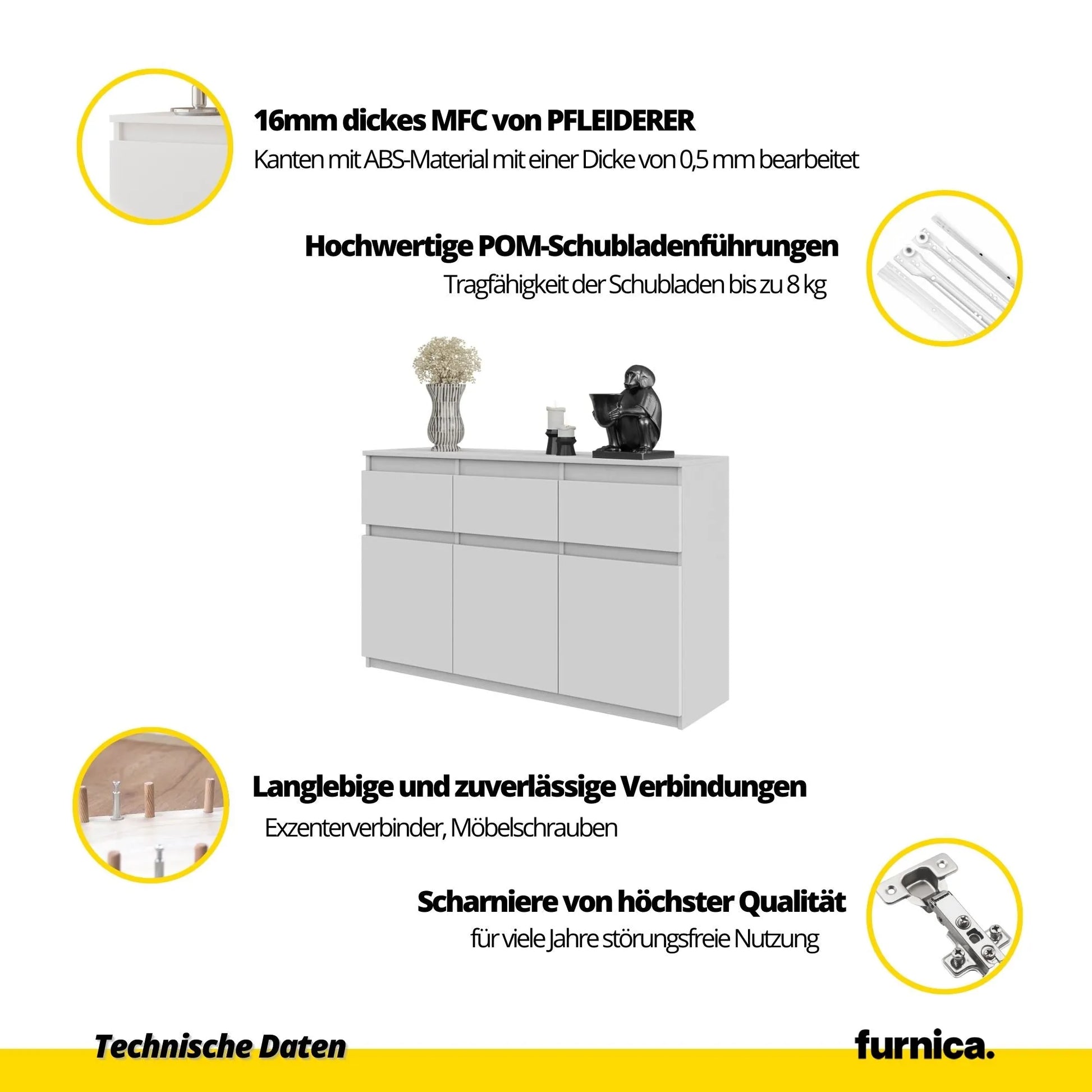 NOAH - Kommode / Sideboard mit 3 Schubladen und 3 Türen - Wotan Eiche / Weiß Matt H75cm B120cm T35cm – Furnica